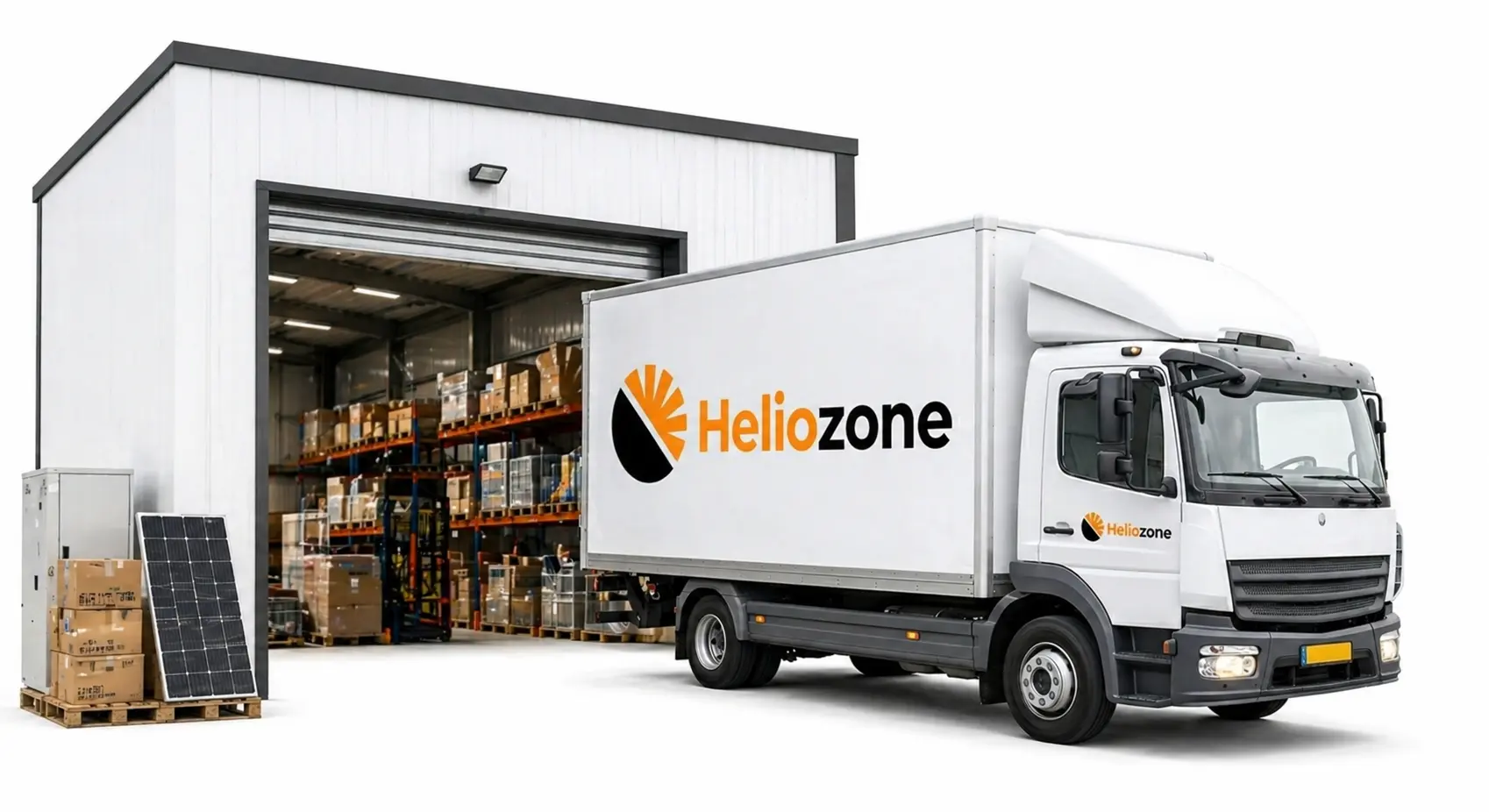 משאית HelioZone יוצאת ממחסן ציוד סולארי